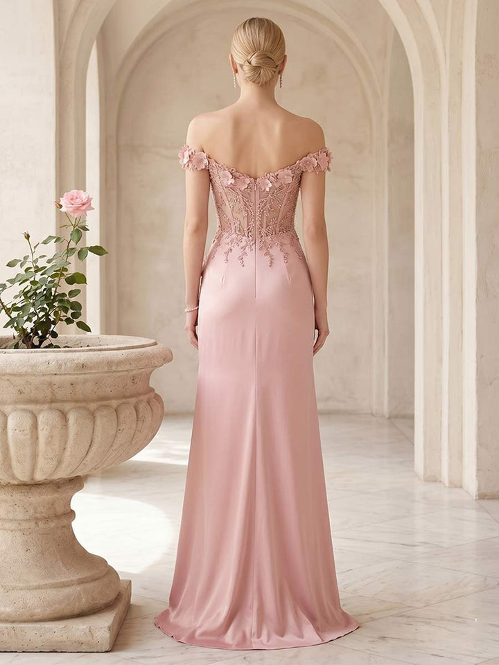 Sheath/Column Off-the-Shoulder Sleeveless Floor-Length Prom Dresses With Split Side &amp; Applique