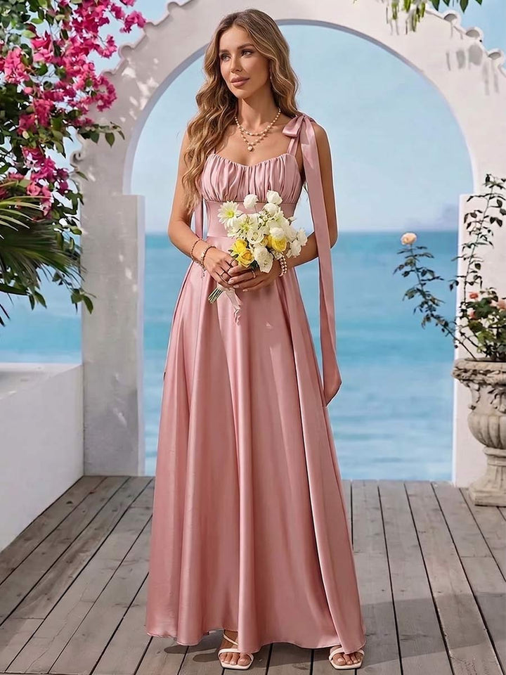 A-Line/Princess Spaghetti Straps Sleeveless Floor-Length Prom Dresses With Ruched