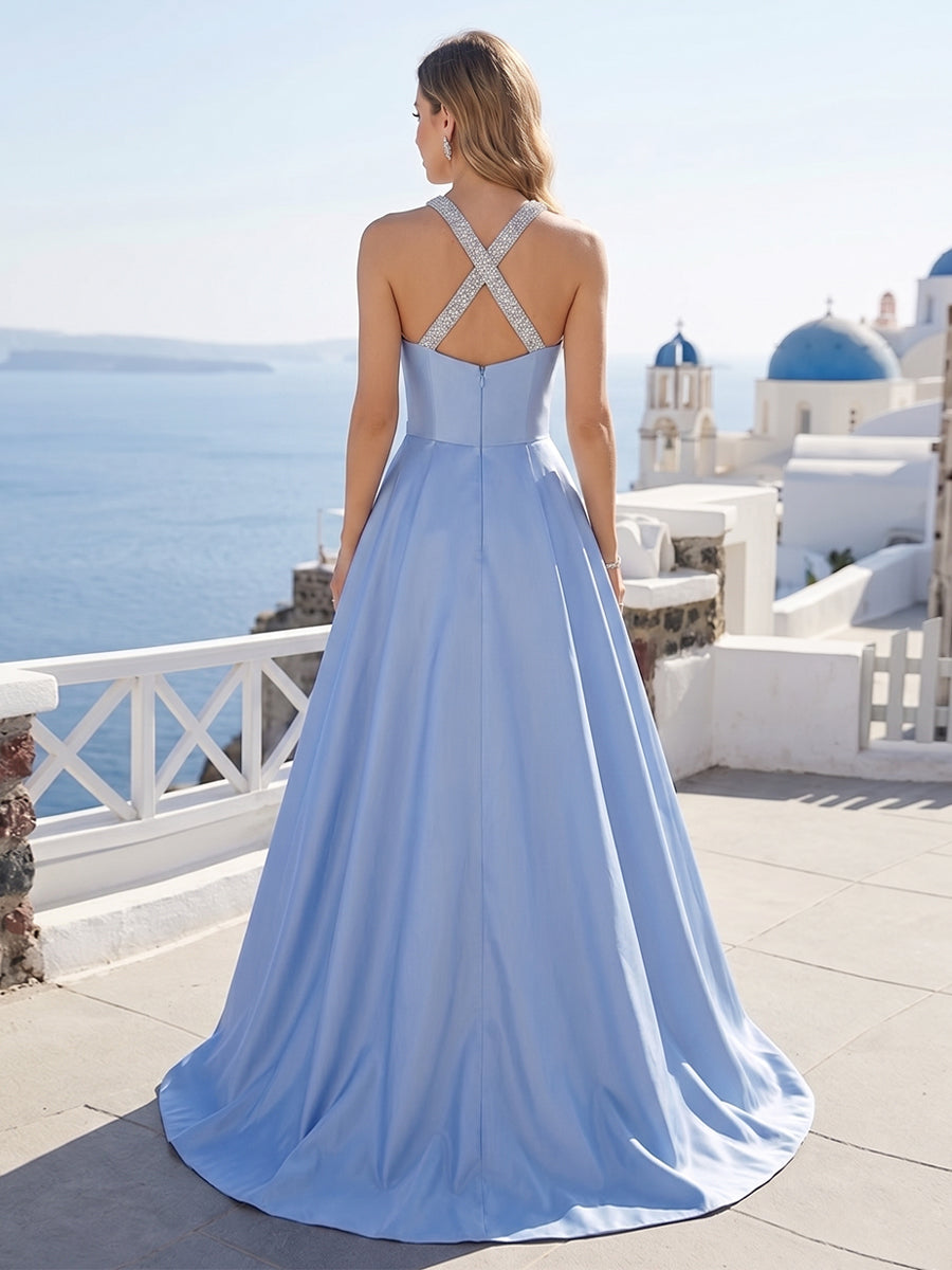 A-Line/Princess Halter Sleeveless Floor-Length Formal Dresses with Beading &amp; Pleats