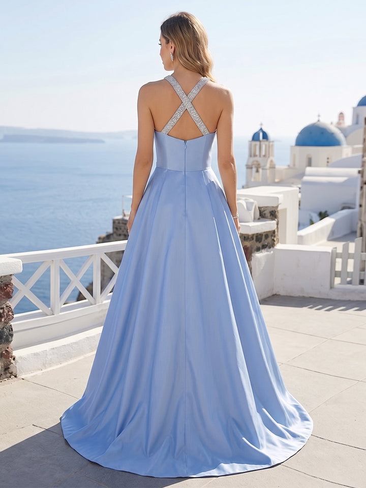A-Line/Princess Halter Sleeveless Floor-Length Formal Dresses with Beading &amp; Pleats