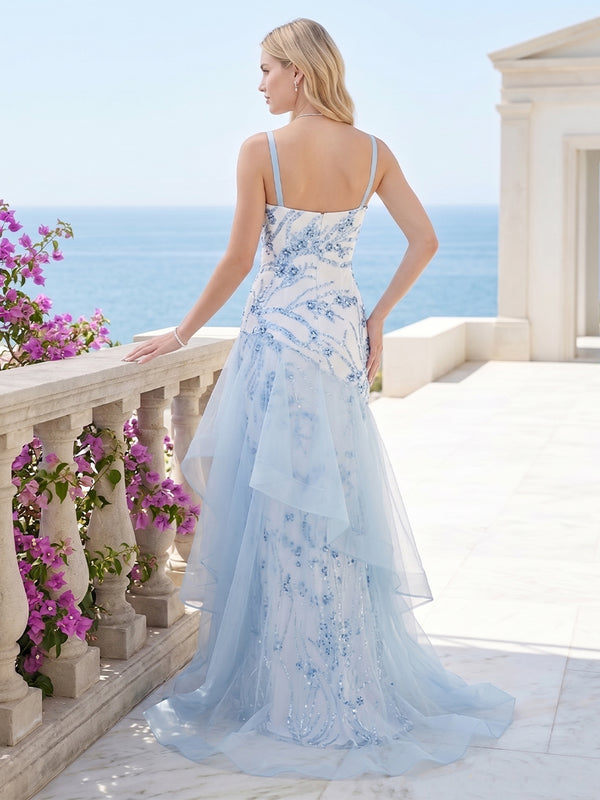 Trumpet/Mermaid Spaghetti Straps Sleeveless Floor-Length Formal Dresses With Applique & Sequins