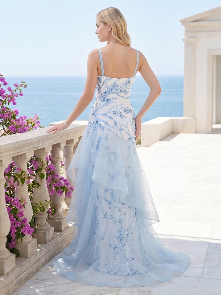 Trumpet/Mermaid Spaghetti Straps Sleeveless Floor-Length Formal Dresses With Applique &amp; Sequins
