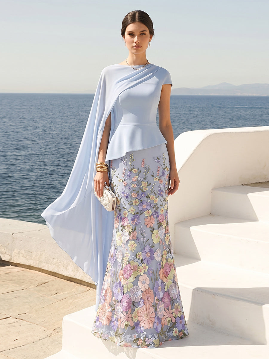 Sheath/Column Short Sleeves Crew Neck Floor-Length Formal Dresses With Cape &amp; 3D Floral