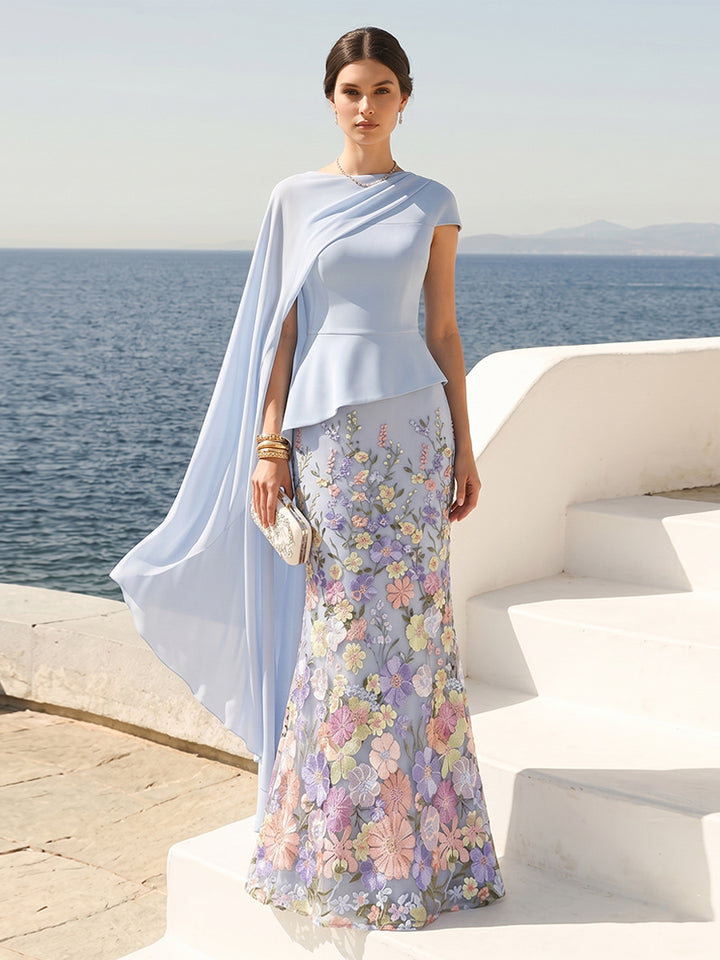 Sheath/Column Short Sleeves Crew Neck Floor-Length Formal Dresses With Cape &amp; 3D Floral