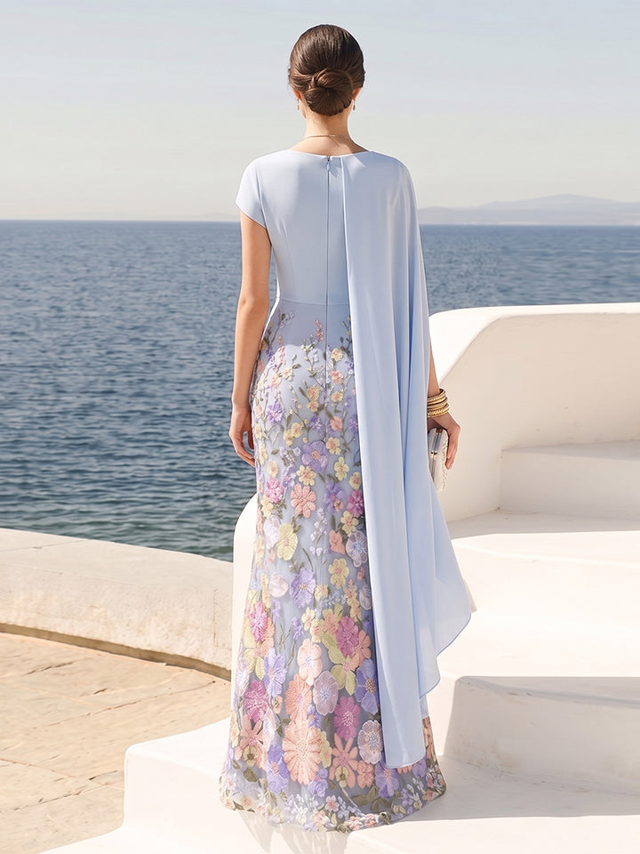 Sheath/Column Short Sleeves Crew Neck Floor-Length Formal Dresses With Cape &amp; 3D Floral