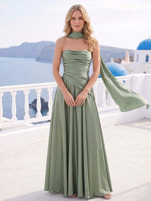 A-Line/Princess Strapless Sleeveless Floor-Length Bridesmaid Dresses with Scarf & Ruched