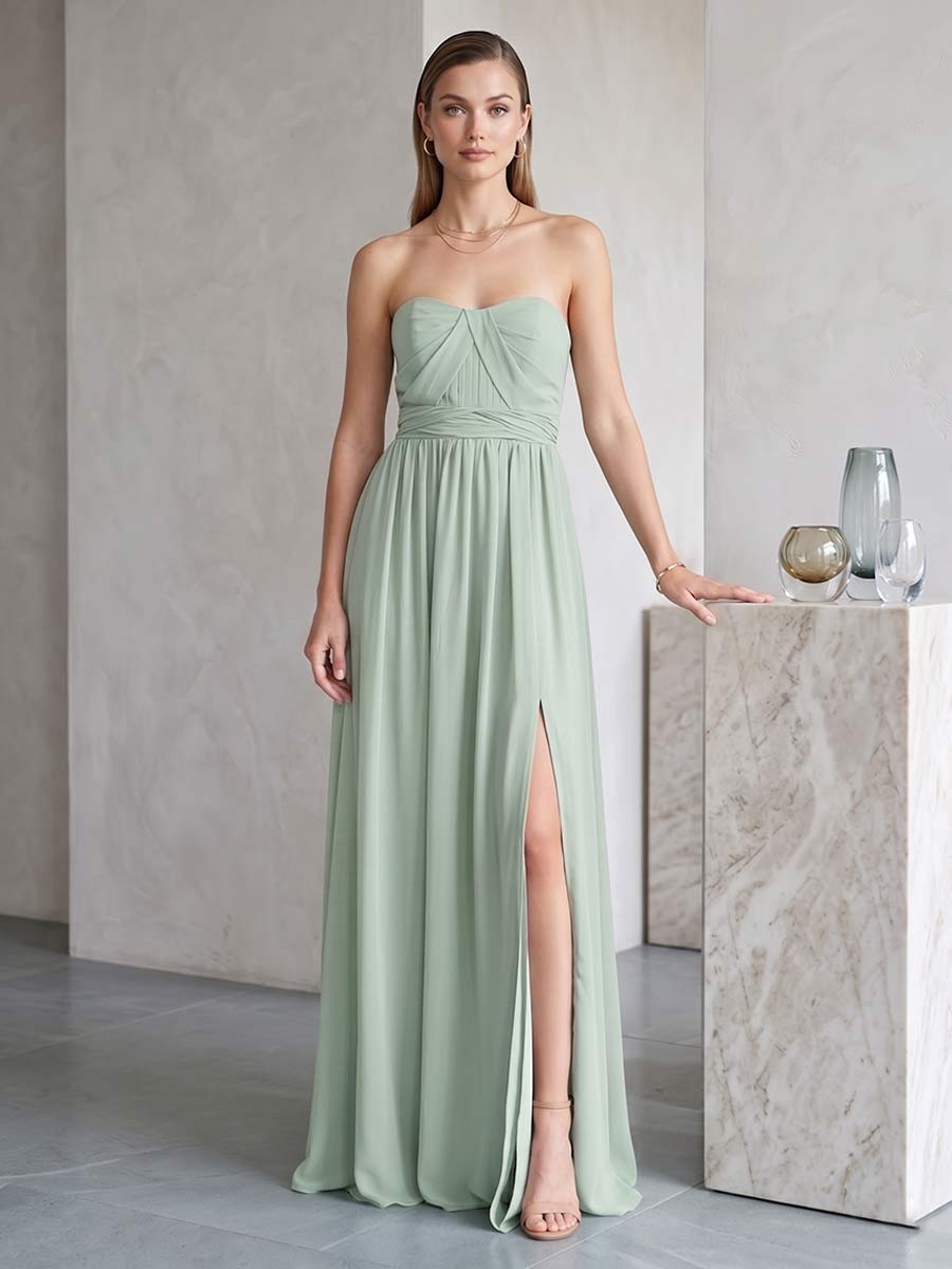 A-Line/Princess Strapless Sleeveless Floor-Length Bridesmaid Dresses with Split Side &amp; Ruched