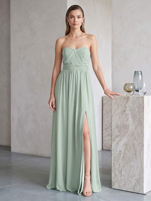 A-Line/Princess Strapless Sleeveless Floor-Length Bridesmaid Dresses with Split Side & Ruched