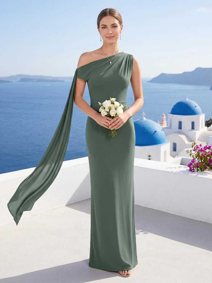 Sheath/Column One-Shoulder Floor-Length Long Bridesmaid Dresses With Watteau Train