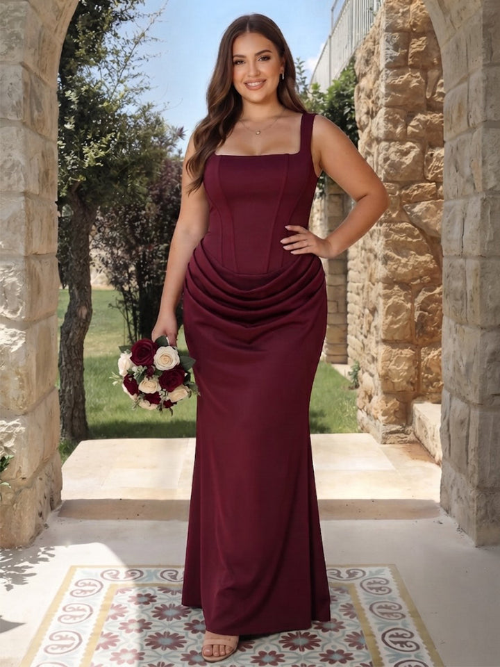 Sheath/Column Spaghetti Straps Sleeveless Silk Satin Floor-Length Plus Size Bridesmaid Dresses with Ruched