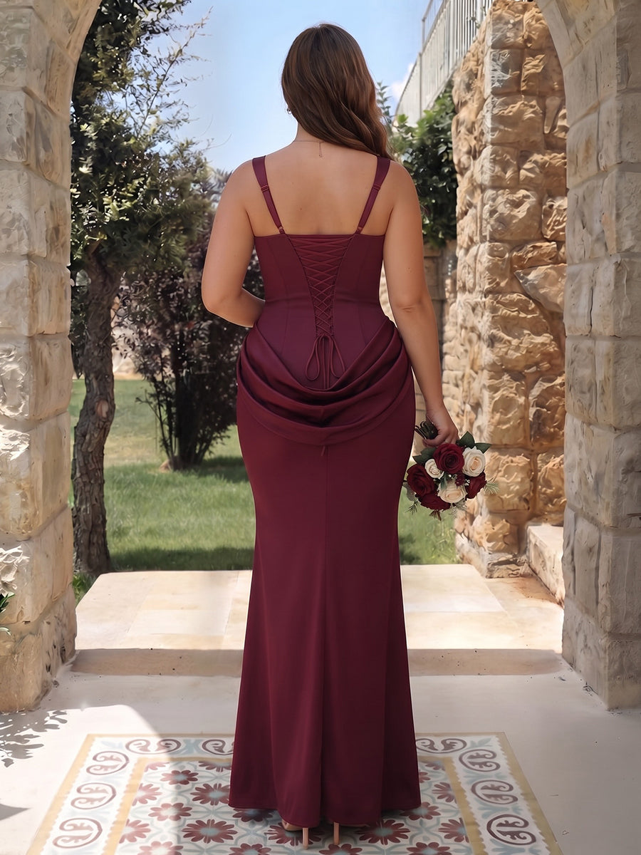 Sheath/Column Spaghetti Straps Sleeveless Silk Satin Floor-Length Plus Size Bridesmaid Dresses with Ruched