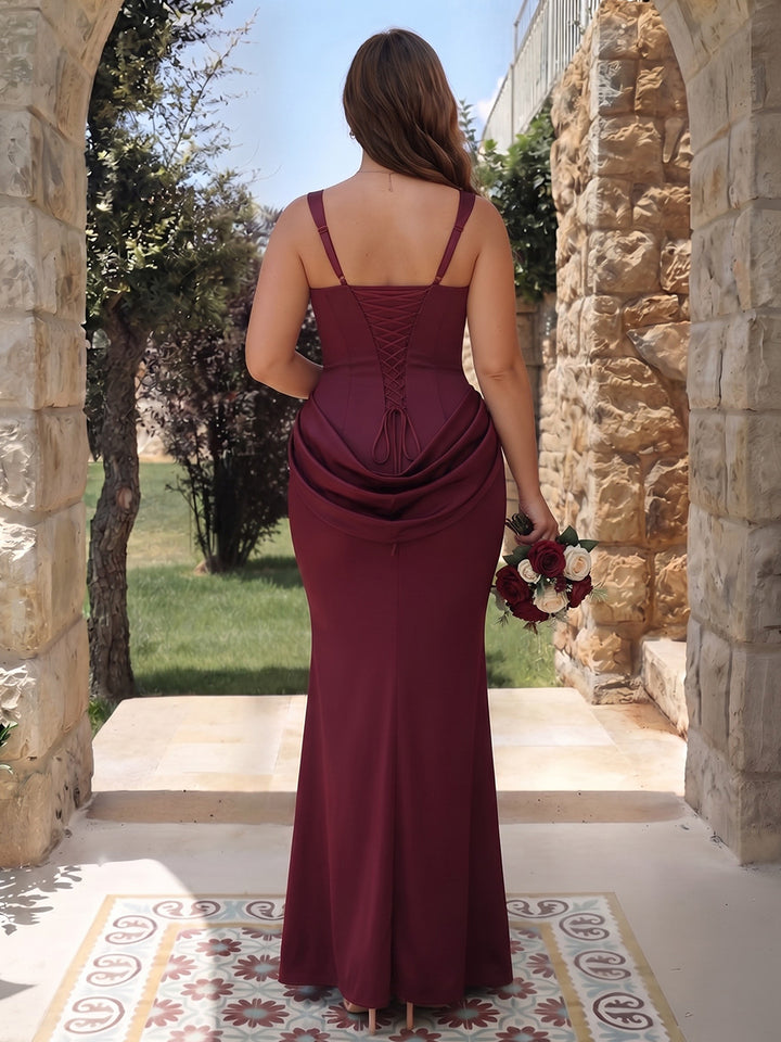 Sheath/Column Spaghetti Straps Sleeveless Silk Satin Floor-Length Plus Size Bridesmaid Dresses with Ruched