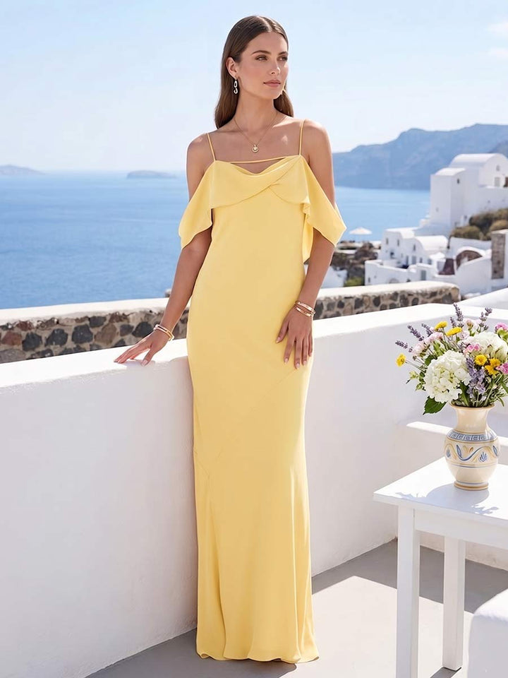 Sheath/Column Spaghetti Straps Off-the-Shoulder Floor-Length Bridesmaid Dresses with Ruffles