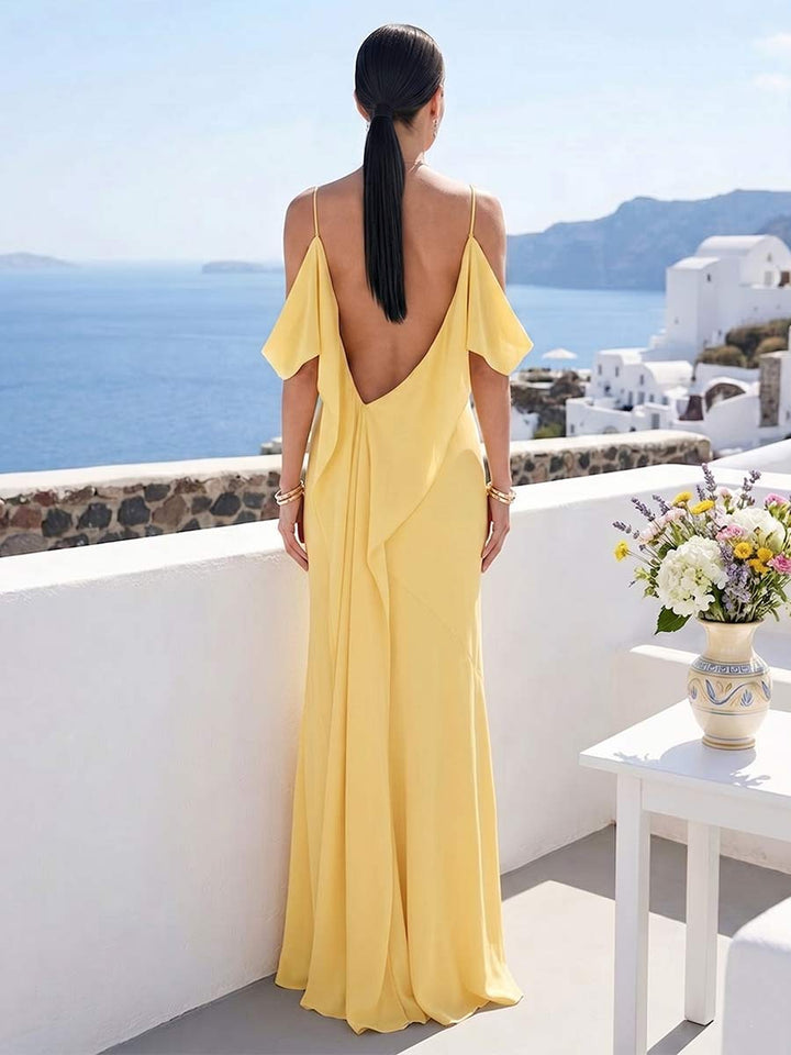 Sheath/Column Spaghetti Straps Off-the-Shoulder Floor-Length Bridesmaid Dresses with Ruffles