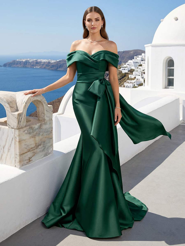 Trumpet/Mermaid Off-the-Shoulder Sleeveless Floor-Length Formal Dresses With Knot Bow