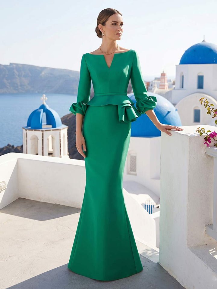 Trumpet/Mermaid Illusion Neck 3/4 Sleeves Floor-Length Formal Dresses With Ruffles