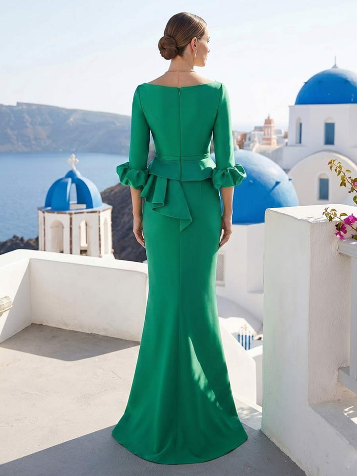 Trumpet/Mermaid Illusion Neck 3/4 Sleeves Floor-Length Formal Dresses With Ruffles