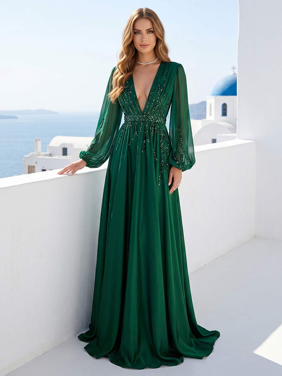 A-Line/Princess V-Neck Long Sleeves Floor-Length Formal Dresses With Ruched &amp; Sequins