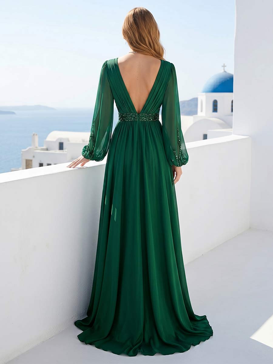 A-Line/Princess V-Neck Long Sleeves Floor-Length Formal Dresses With Ruched &amp; Sequins