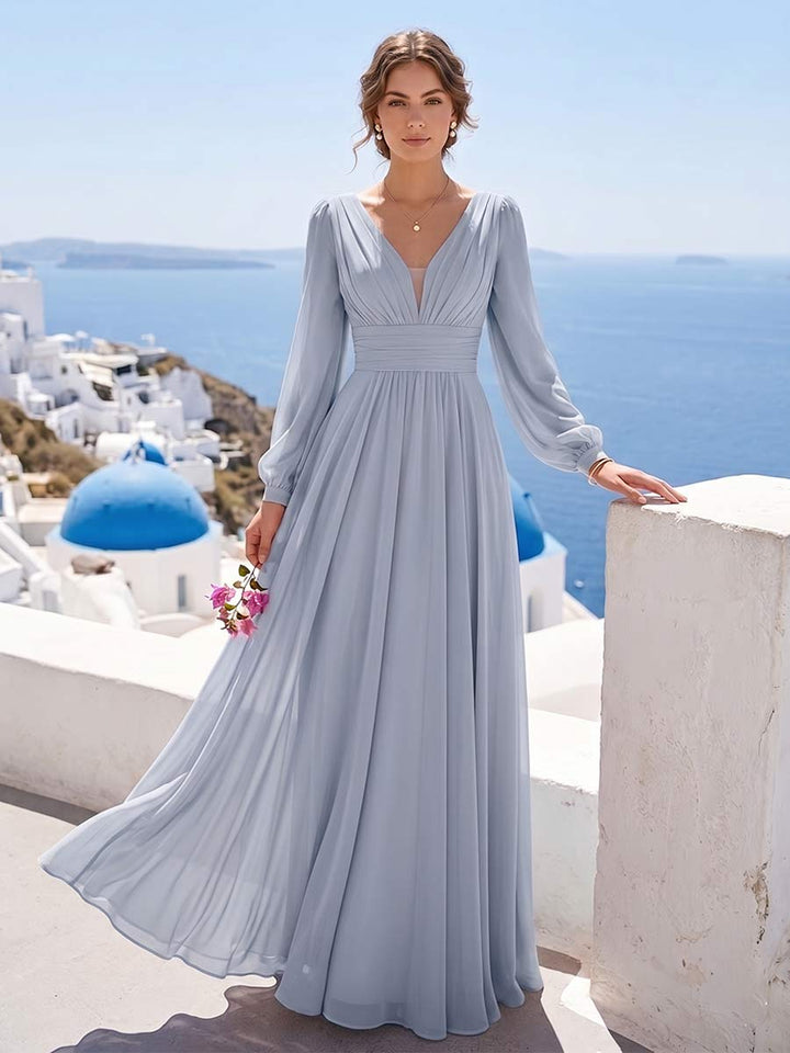 A-Line/Princess Long Sleeves V-Neck Floor Length Bridesmaid Dresses with Ruched