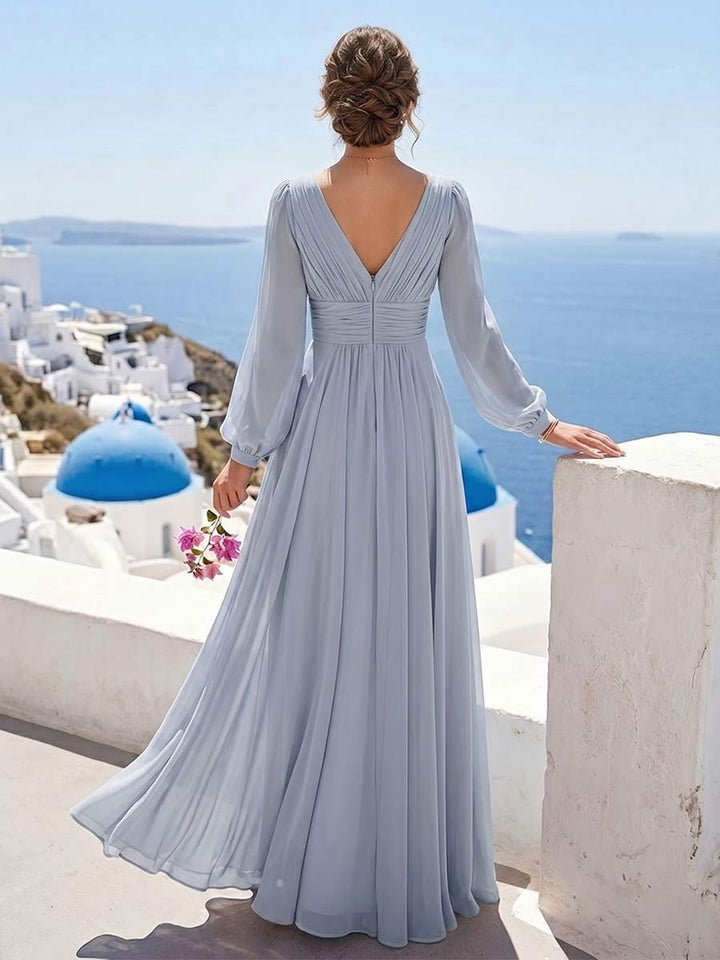 A-Line/Princess Long Sleeves V-Neck Floor Length Bridesmaid Dresses with Ruched