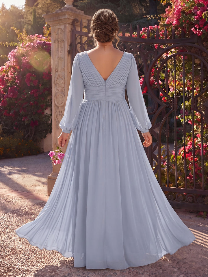 A-Line/Princess V-Neck Long Sleeves Chiffon Floor-Length Plus Size Bridesmaid Dresses with Ruched