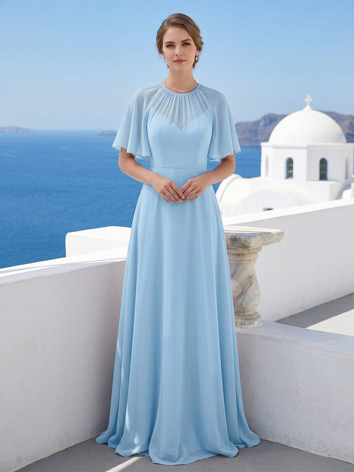 A-Line/Princess Scoop Short Sleeves Floor-Length Long Bridesmaid Dresses with Ruffles