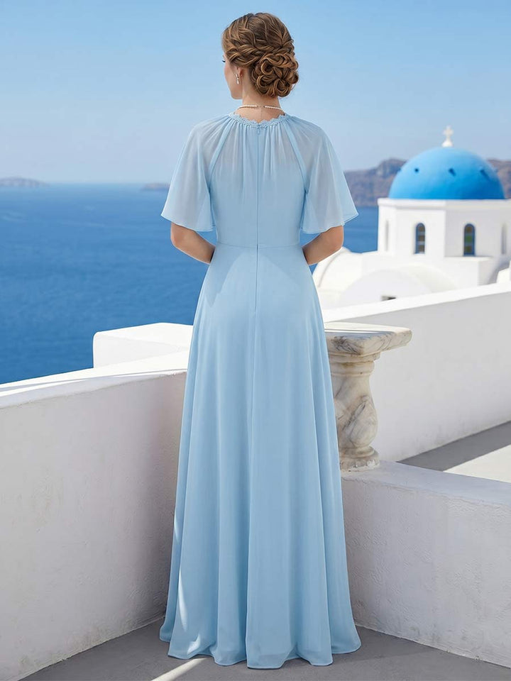 A-Line/Princess Scoop Short Sleeves Floor-Length Long Bridesmaid Dresses with Ruffles