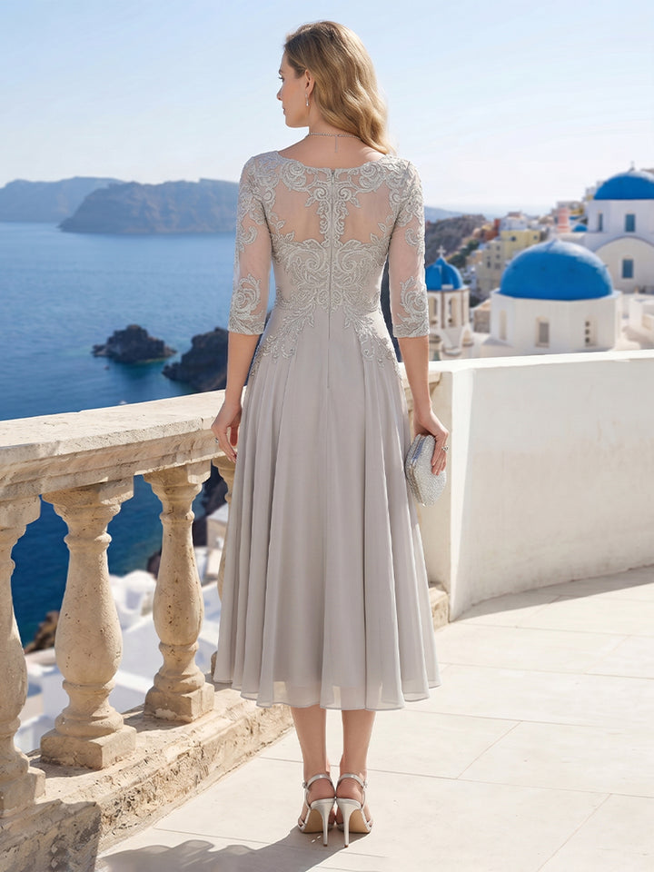 A-Line/Princess Scoop Half Sleeves Tea-Length Mother of the Bride Dresses with Applique &amp; Pleats