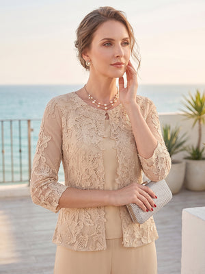 Jumpsuits V-Neck 3/4 Sleeves Floor-Length 2 Pieces Mother of the Bride with Lace & Applique