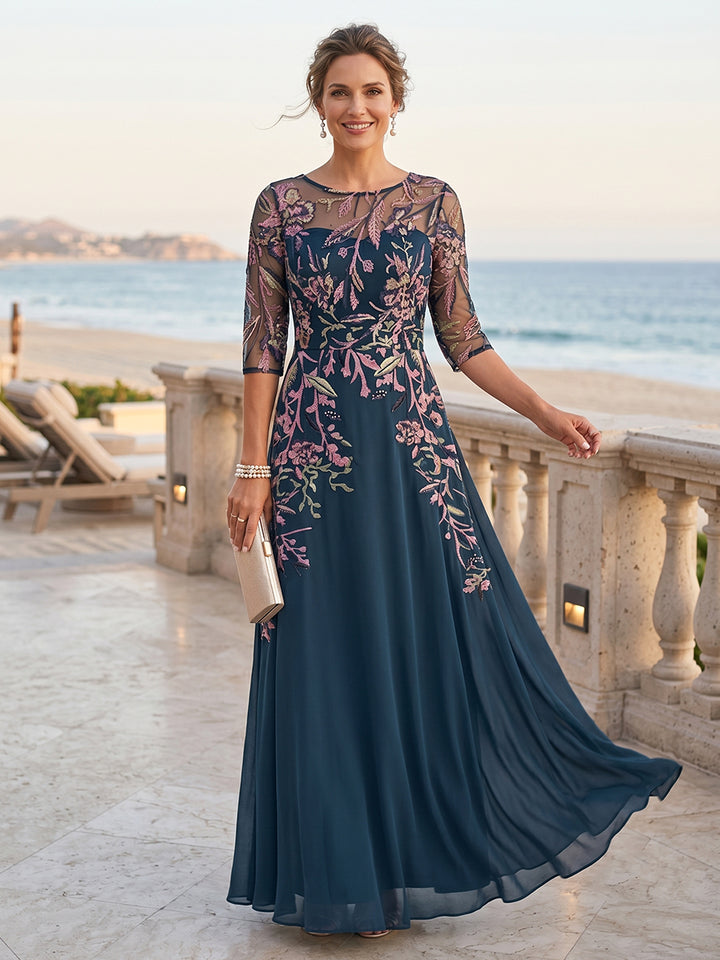 A-Line/Princess 3/4 Sleeves Crew Neck Floor-Length Mother of the Bride Dresses with Embroidery &amp; Appliques