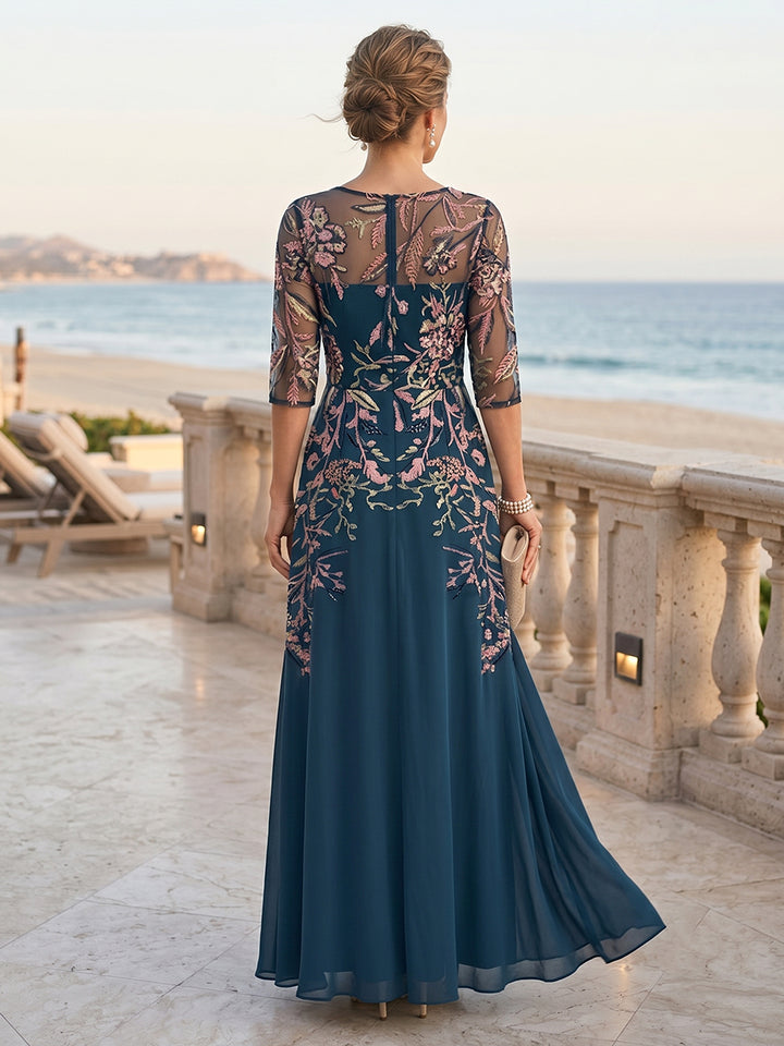 A-Line/Princess 3/4 Sleeves Crew Neck Floor-Length Mother of the Bride Dresses with Embroidery &amp; Appliques