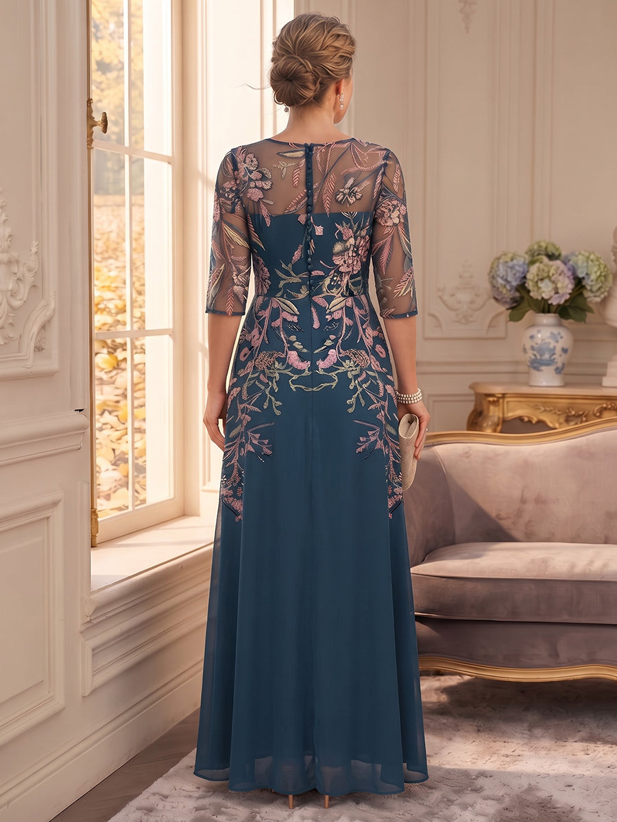A-Line/Princess Crew Neck 3/4 Sleeves Chiffon Floor-Length Plus Size Mother of the Bride Dresses with Embroidery &amp; Appliques