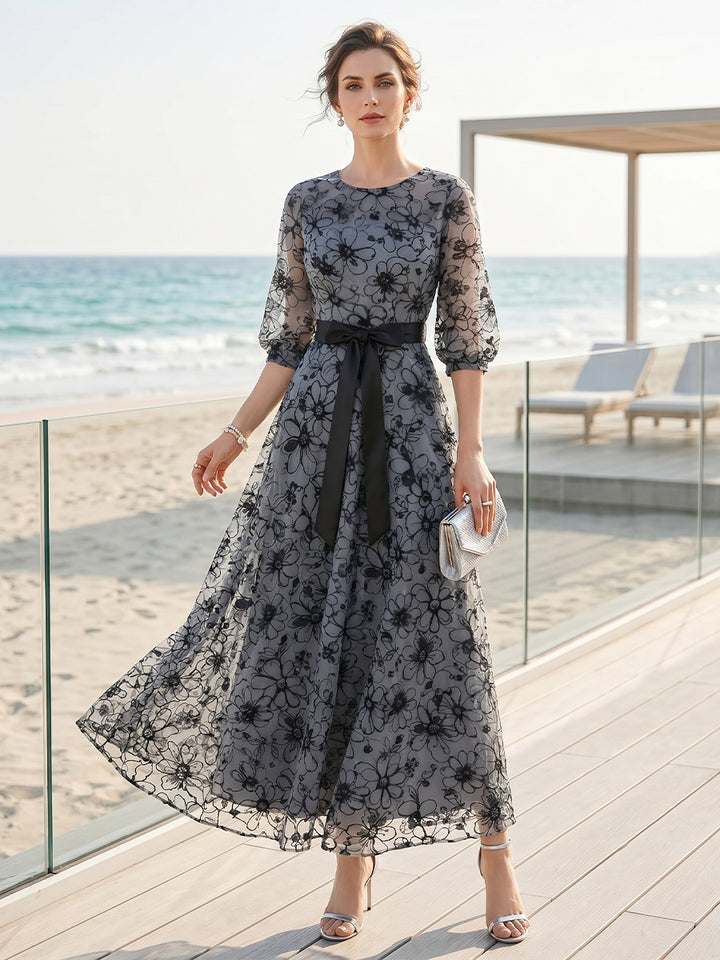 A-Line/Princess Scoop Half Sleeves Ankle-Length Mother of the Bride Dresses with Lace &amp; Embroidery