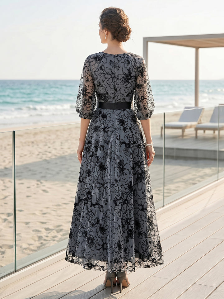 A-Line/Princess Scoop Half Sleeves Ankle-Length Mother of the Bride Dresses with Lace &amp; Embroidery