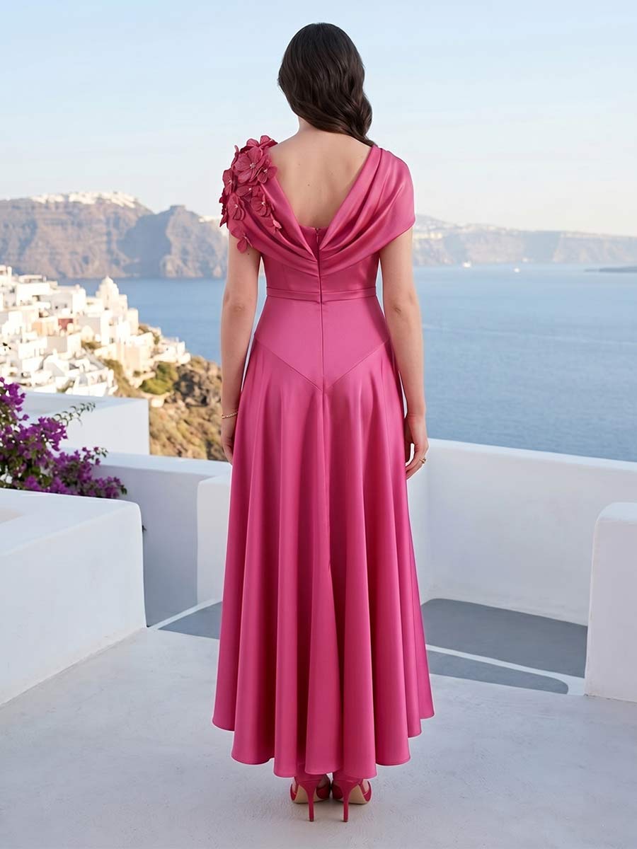 A-Line/Princess Scoop Short Sleeves Tea-Length Mother of the Bride Dresses with 3D Floral &amp; Pleats