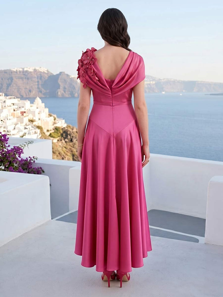 A-Line/Princess Scoop Short Sleeves Tea-Length Mother of the Bride Dresses with 3D Floral &amp; Pleats