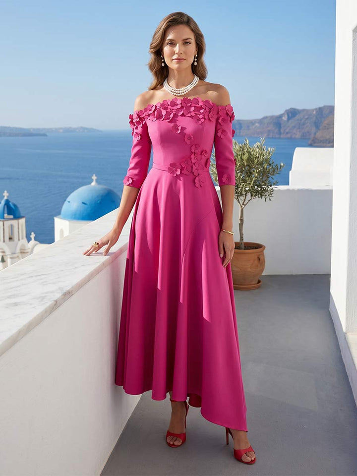 A-Line/Princess Off-the-Shoulder 3/4 Sleeves Asymmetrical Mother of the Bride Dresses with 3D Floral