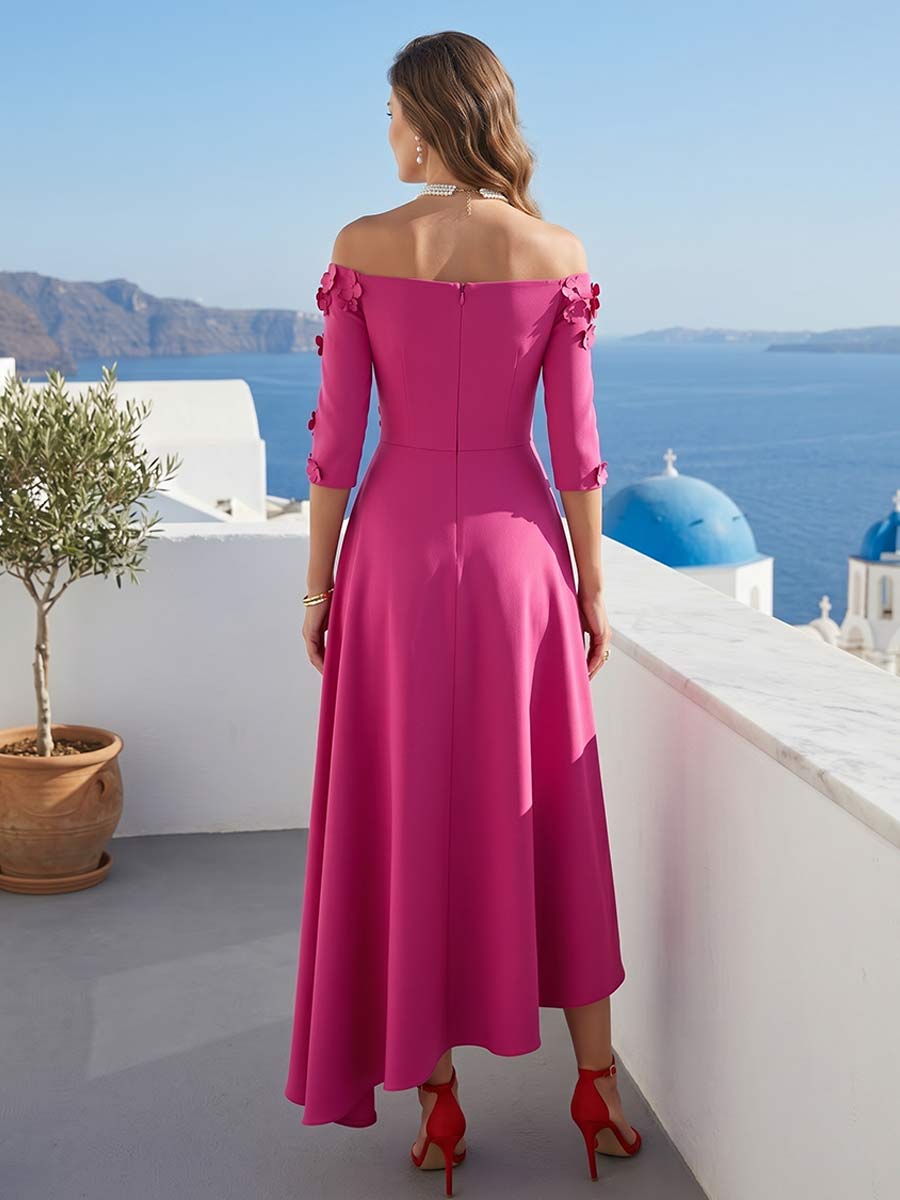 A-Line/Princess Off-the-Shoulder 3/4 Sleeves Asymmetrical Mother of the Bride Dresses with 3D Floral