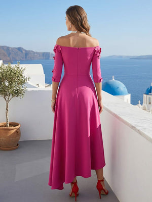 A-Line/Princess Off-the-Shoulder 3/4 Sleeves Asymmetrical Mother of the Bride Dresses with 3D Floral