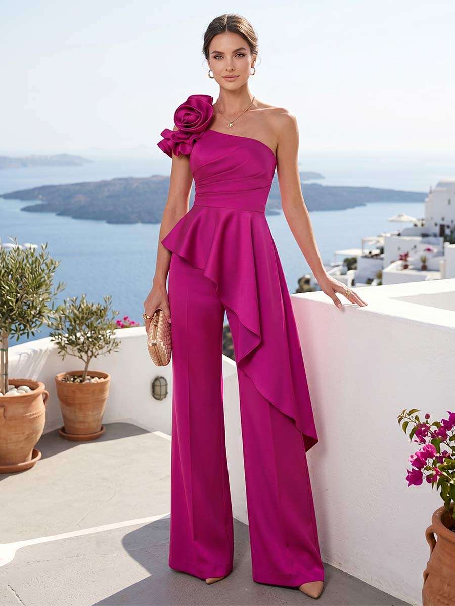 Jumpsuit 2 Pieces One-Shoulder Sleeveless Floor-Length Mother of the Bride Dresses with Ruffles &amp; 3D Floral