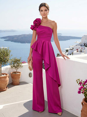 Jumpsuit 2 Pieces One-Shoulder Sleeveless Floor-Length Mother of the Bride Dresses with Ruffles & 3D Floral