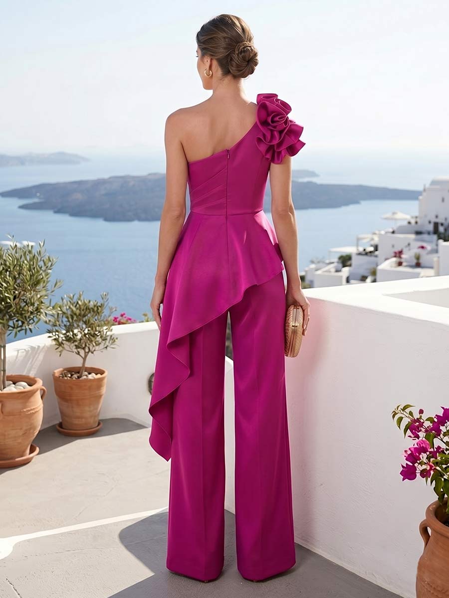 Jumpsuit 2 Pieces One-Shoulder Sleeveless Floor-Length Mother of the Bride Dresses with Ruffles &amp; 3D Floral