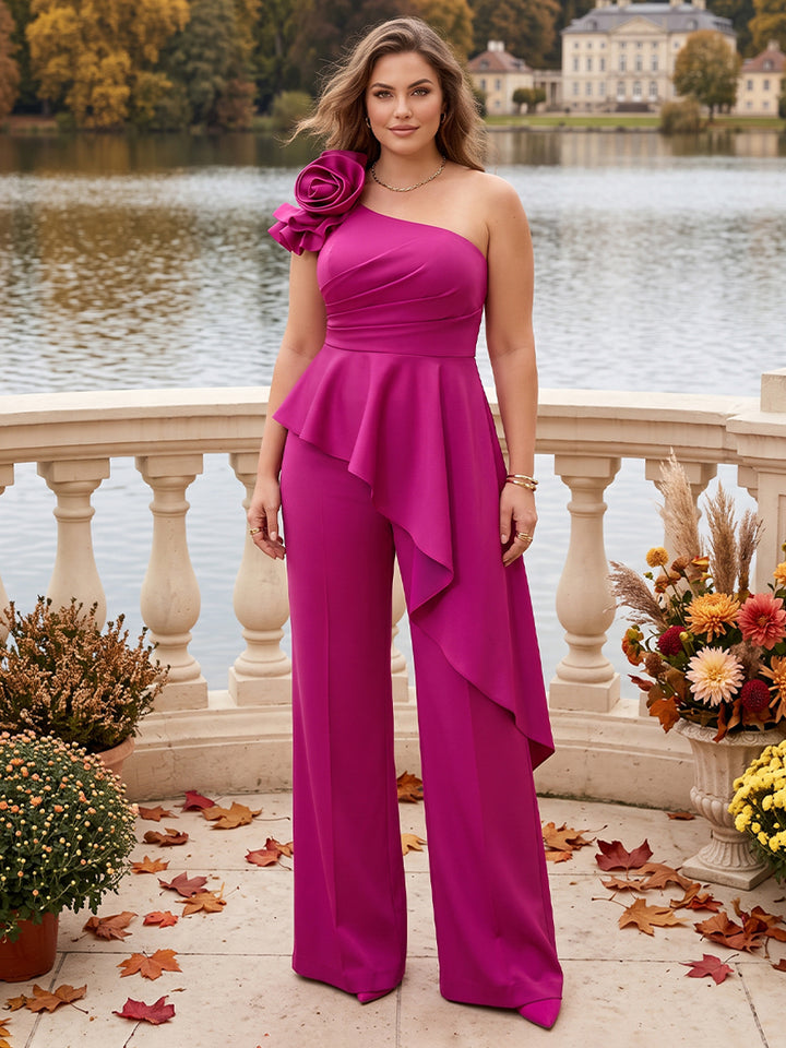 Jumpsuit 2 Pieces One-Shoulder Sleeveless Floor-Length Plus Size Mother of the Bride Dresses with Ruffles &amp; 3D Floral