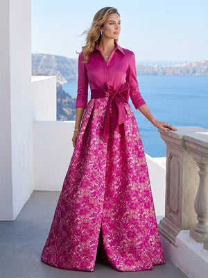A-Line/Princess 3/4 Sleeves Shirt Collar Floor-Length Mother of the Bride Dresses with Bowknot & Floral