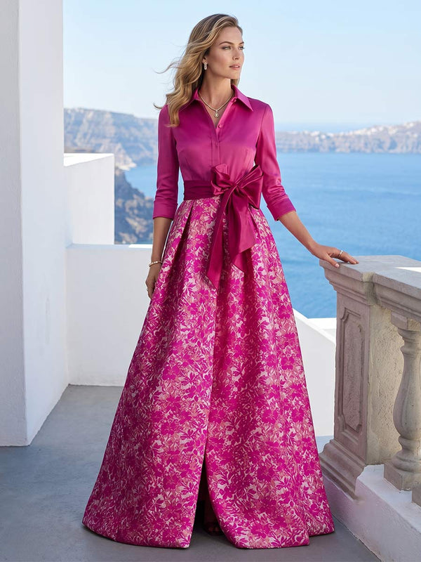 A-Line/Princess 3/4 Sleeves Shirt Collar Floor-Length Mother of the Bride Dresses with Bowknot & Floral