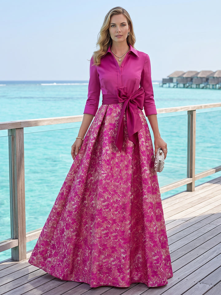 A-Line/Princess 2 pieces 3/4 Sleeves Shirt Collar Floor-Length Mother of the Bride Dresses with Bowknot &amp; Floral