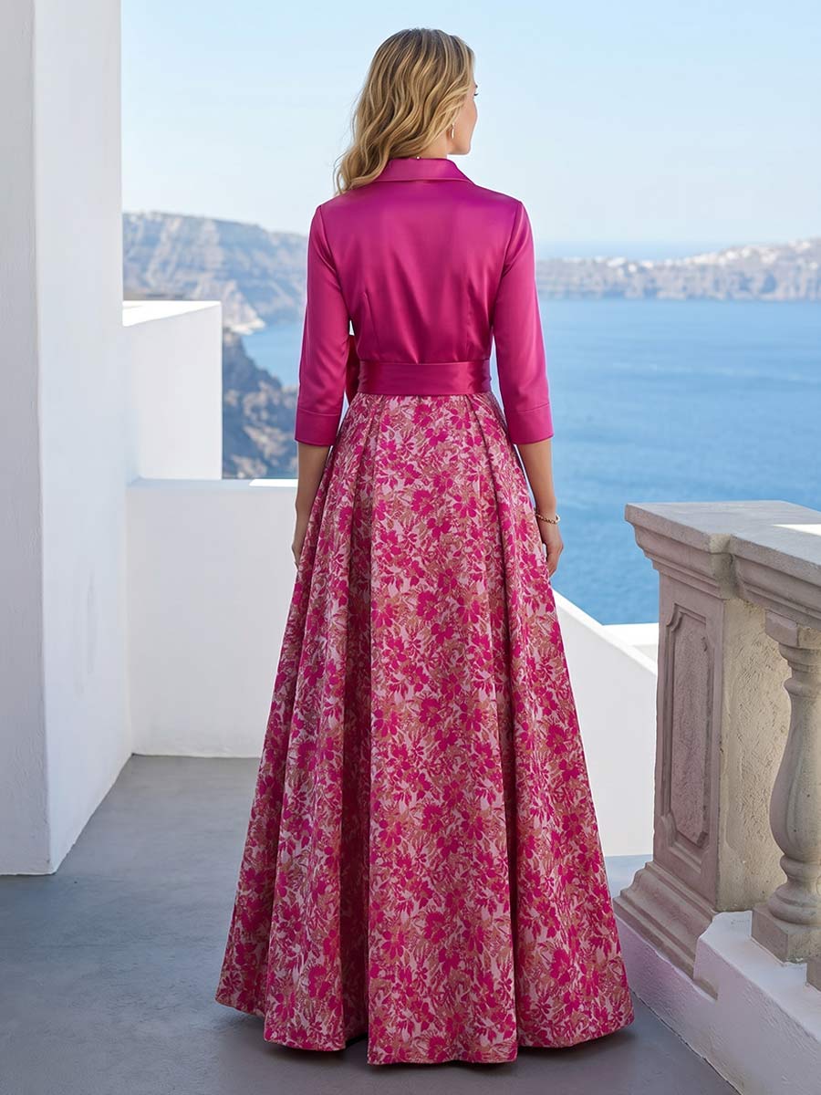 A-Line/Princess 2 pieces 3/4 Sleeves Shirt Collar Floor-Length Mother of the Bride Dresses with Bowknot &amp; Floral
