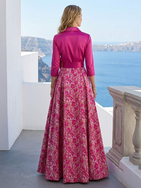 A-Line/Princess 3/4 Sleeves Shirt Collar Floor-Length Mother of the Bride Dresses with Bowknot & Floral