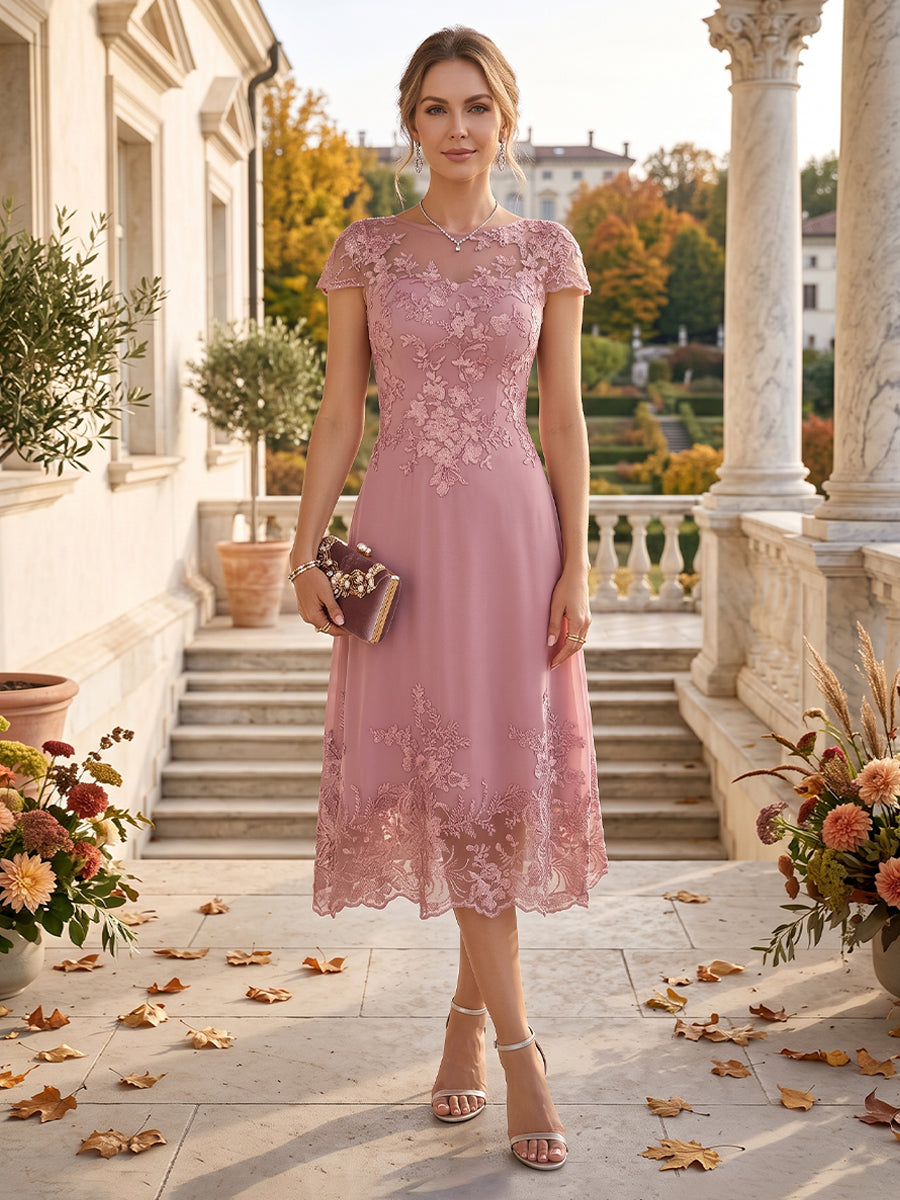 A-Line/Princess Scoop Cap Sleeves Tea-Length Mother of the Bride Dresses with Applique &amp; Sequins